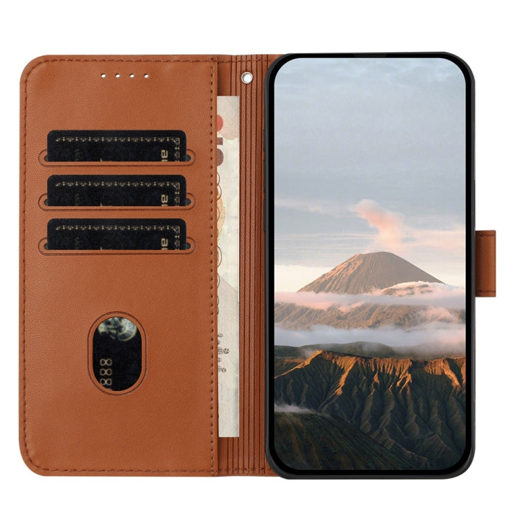 For iPhone 16e Triangle Pattern Buckle Clasp Leather Phone Case(Brown)