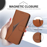 For iPhone 16e Triangle Pattern Buckle Clasp Leather Phone Case(Brown)