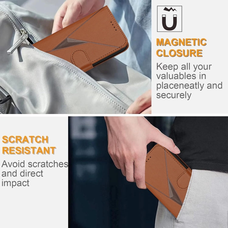 For iPhone 16e Triangle Pattern Buckle Clasp Leather Phone Case(Brown)