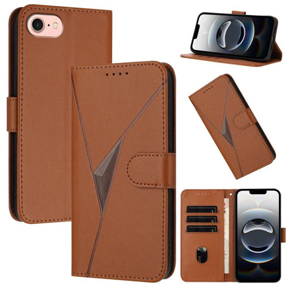 For iPhone 16e Triangle Pattern Buckle Clasp Leather Phone Case(Brown)