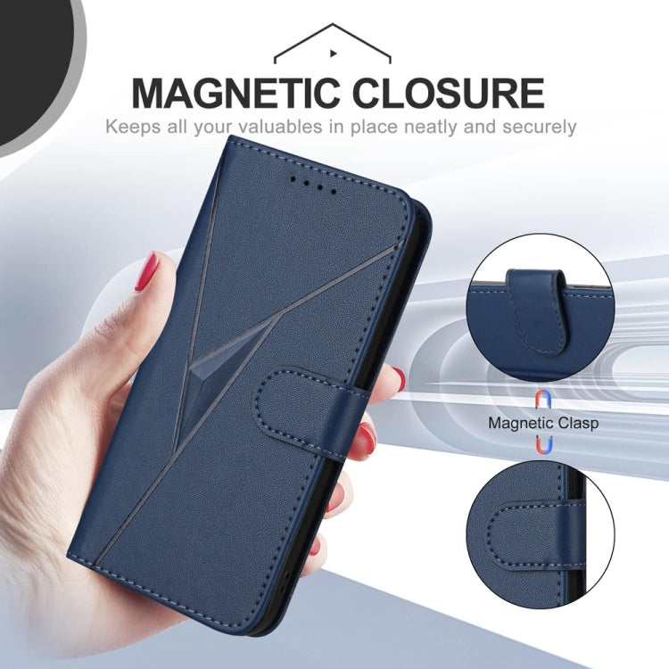 For iPhone 16e Triangle Pattern Buckle Clasp Leather Phone Case(Royal Blue)