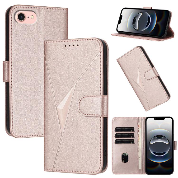 For iPhone 16e Triangle Pattern Buckle Clasp Leather Phone Case(Rose Gold)