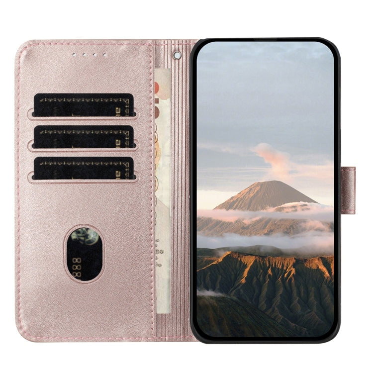 For iPhone 16e Triangle Pattern Buckle Clasp Leather Phone Case(Rose Gold)