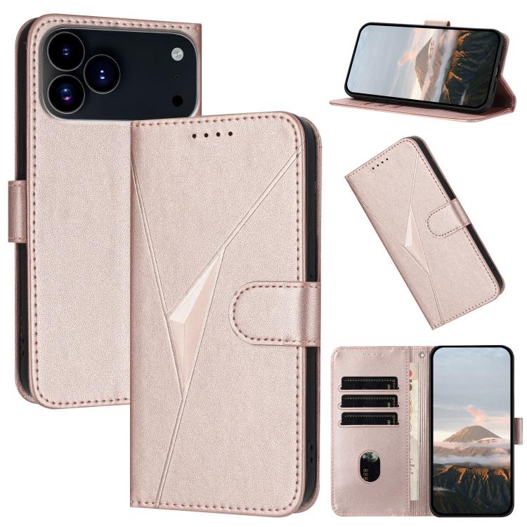 For iPhone 17 Pro Triangle Pattern Buckle Clasp Leather Phone Case(Rose Gold)