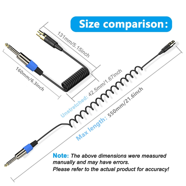 Mini 3 Pin XLR to 6.35mm Stereo Microphone Aux Audio Cable Coiled Adapter Cable, Length: 0.5m(Black)