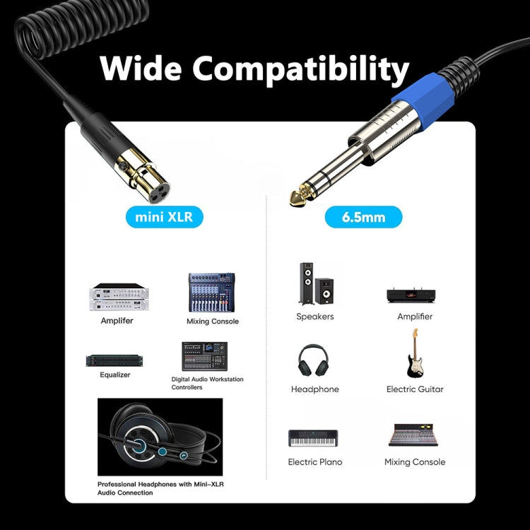 Mini 3 Pin XLR to 6.35mm Stereo Microphone Aux Audio Cable Coiled Adapter Cable, Length: 0.5m(Black)