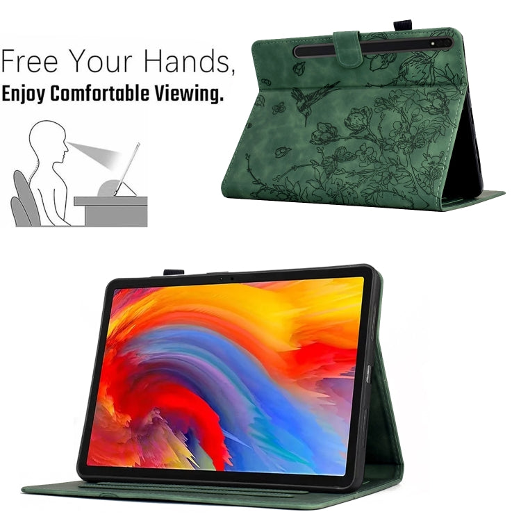 For Samsung Galaxy Tab S9 Flowers and Bird Embossed Smart Leather Tablet Case(Green)