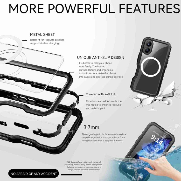 For iPhone 16 RedPepper IP68 Water-resistant Triple-proof MagSafe Phone Case(Black)