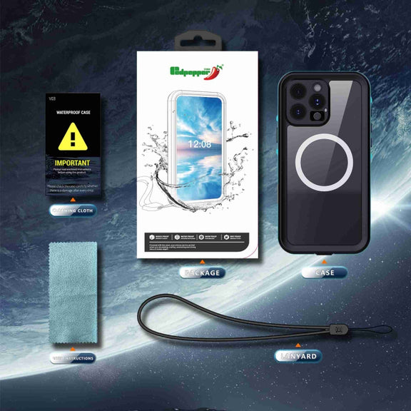 For iPhone 16 Pro RedPepper Transparent Dot IP68 Water-resistant Triple-proof MagSafe Phone Case(Black Blue)