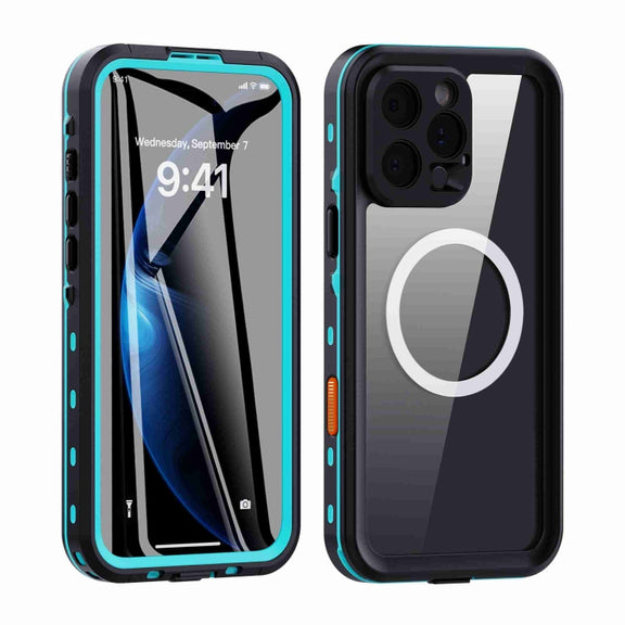 For iPhone 16 Pro RedPepper Transparent Dot IP68 Water-resistant Triple-proof MagSafe Phone Case(Black Blue)