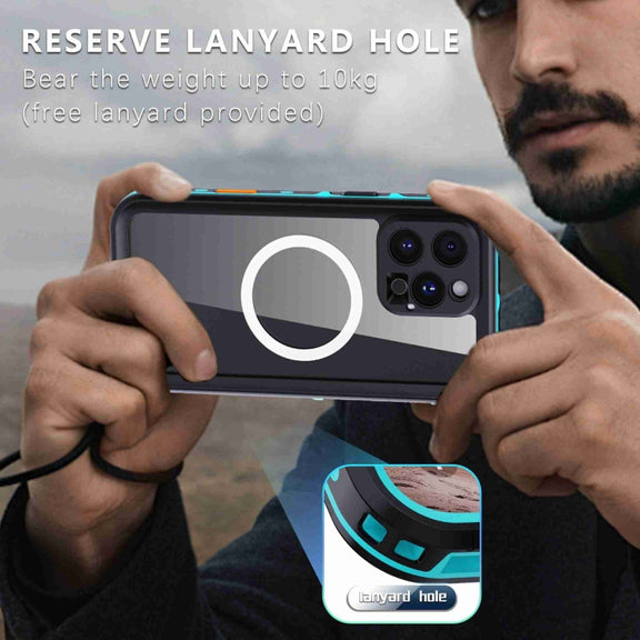 For iPhone 16 Pro RedPepper Transparent Dot IP68 Water-resistant Triple-proof MagSafe Phone Case(Black Blue)
