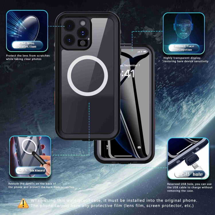 For iPhone 16 Pro RedPepper Transparent Dot IP68 Water-resistant Triple-proof MagSafe Phone Case(Black Dark Grey)