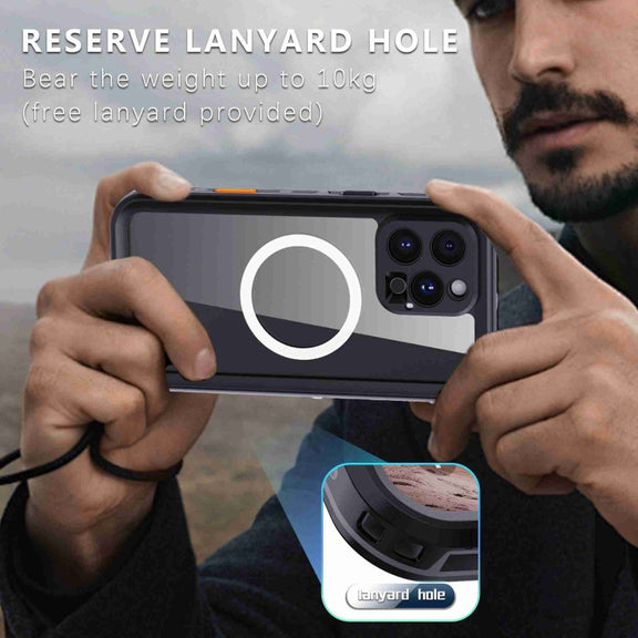For iPhone 16 Pro RedPepper Transparent Dot IP68 Water-resistant Triple-proof MagSafe Phone Case(Black Dark Grey)