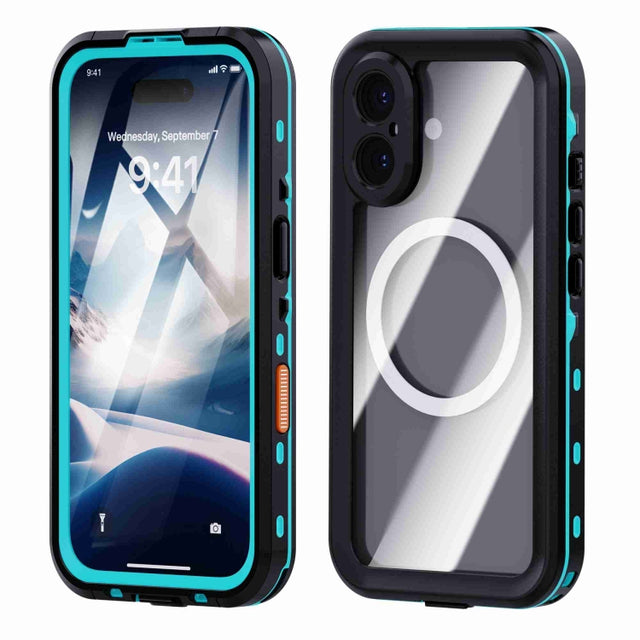 For iPhone 16 Plus RedPepper Transparent Dot IP68 Water-resistant Triple-proof MagSafe Phone Case(Black Blue)