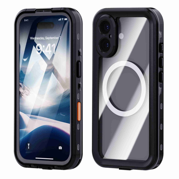 For iPhone 16 RedPepper Transparent Dot IP68 Water-resistant Triple-proof MagSafe Phone Case(Black Dark Grey)