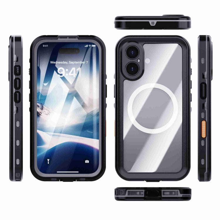 For iPhone 16 RedPepper Transparent Dot IP68 Water-resistant Triple-proof MagSafe Phone Case(Black Dark Grey)