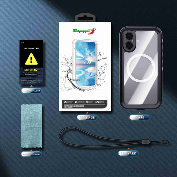 For iPhone 16 RedPepper Transparent Dot IP68 Water-resistant Triple-proof MagSafe Phone Case(Black Dark Grey)