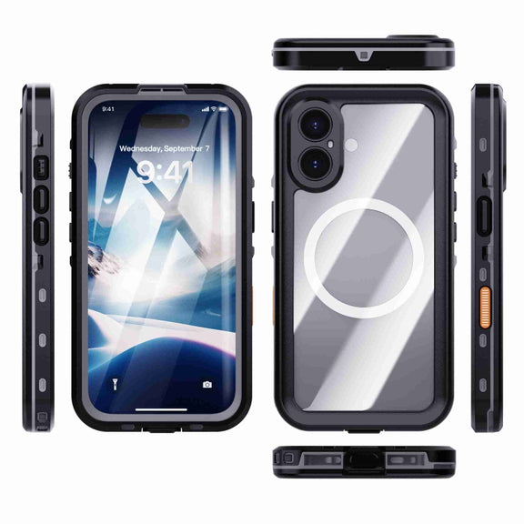 For iPhone 16 RedPepper Transparent Dot IP68 Water-resistant Triple-proof MagSafe Phone Case(Black Dark Grey)