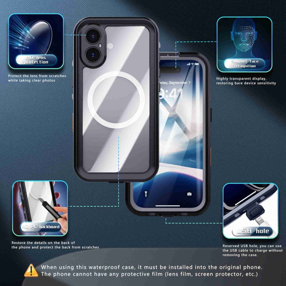 For iPhone 16 RedPepper Transparent Dot IP68 Water-resistant Triple-proof MagSafe Phone Case(Black Dark Grey)