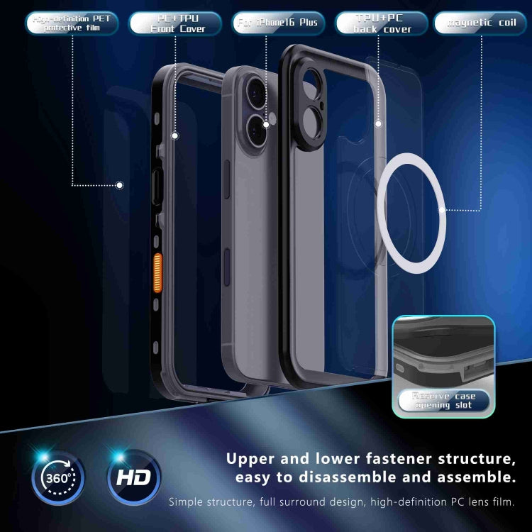 For iPhone 16 RedPepper Transparent Dot IP68 Water-resistant Triple-proof MagSafe Phone Case(Black Dark Grey)