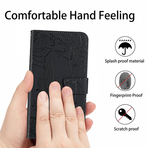 For Samsung Galaxy S25+ 5G Skin Feel Butterfly Embossed Flip Leather Phone Case(Black)