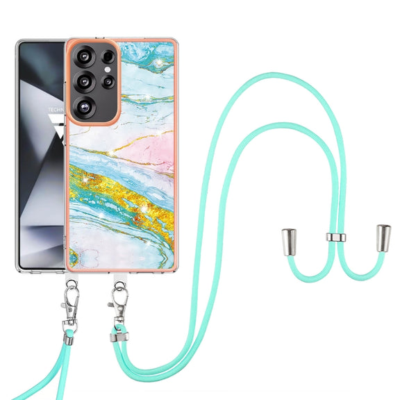 For Samsung Galaxy S25 Ultra 5G Electroplating Marble Dual-side IMD Phone Case with Lanyard(Green 004)