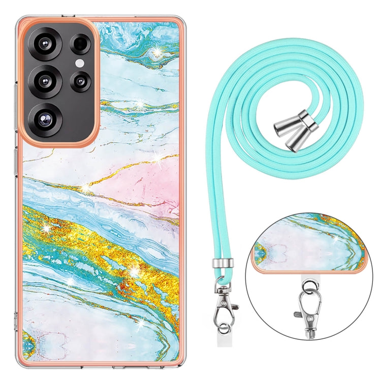 For Samsung Galaxy S25 Ultra 5G Electroplating Marble Dual-side IMD Phone Case with Lanyard(Green 004)