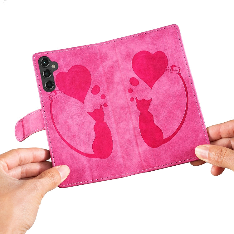 For Samsung Galaxy S25 5G Pen Heart Cat Embossed Leather Phone Case(Pink)