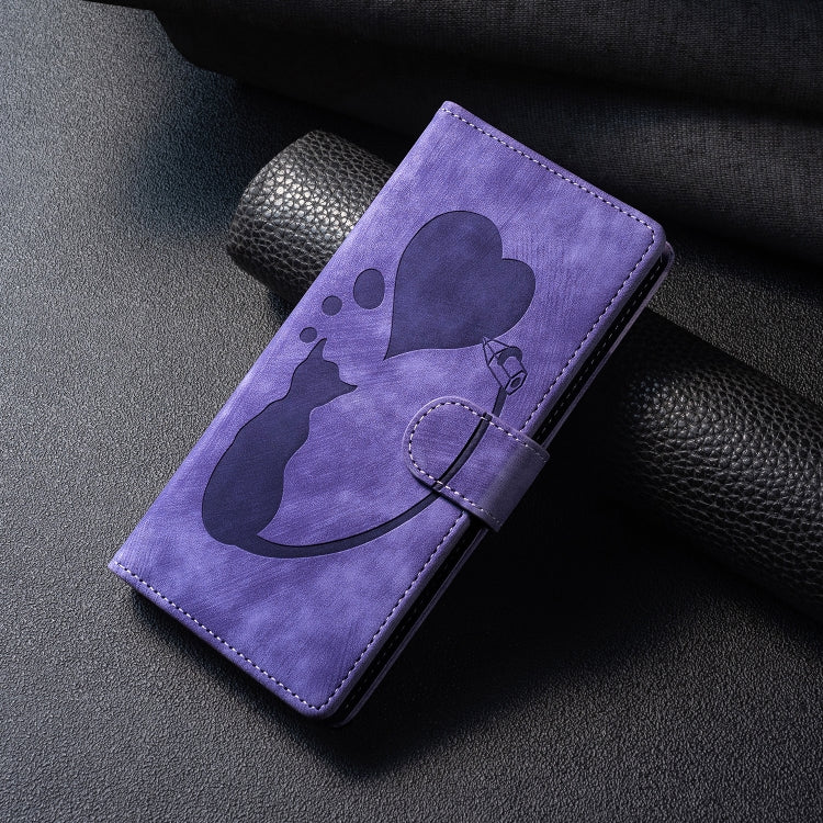 For Samsung Galaxy S25+ 5G Pen Heart Cat Embossed Leather Phone Case(Purple)