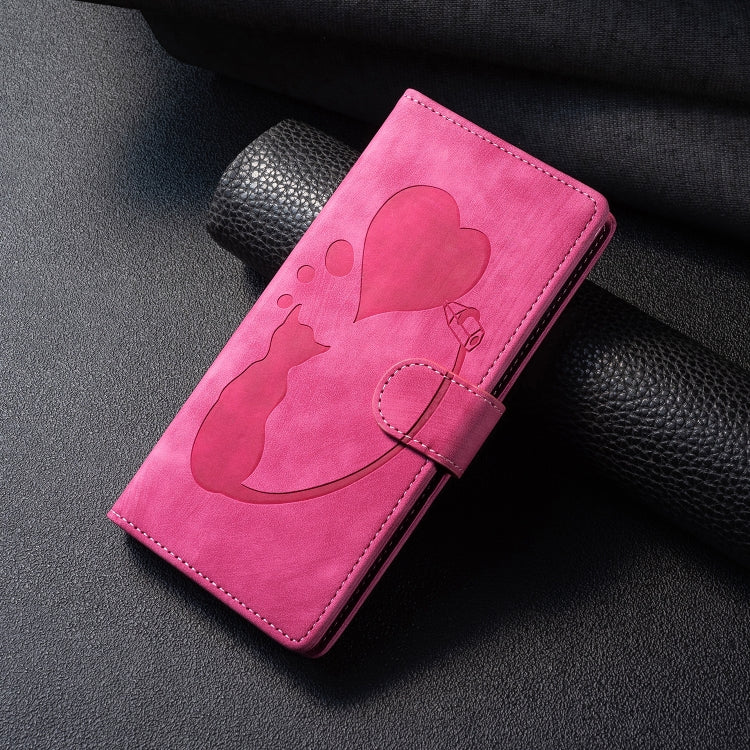 For Samsung Galaxy S25+ 5G Pen Heart Cat Embossed Leather Phone Case(Pink)