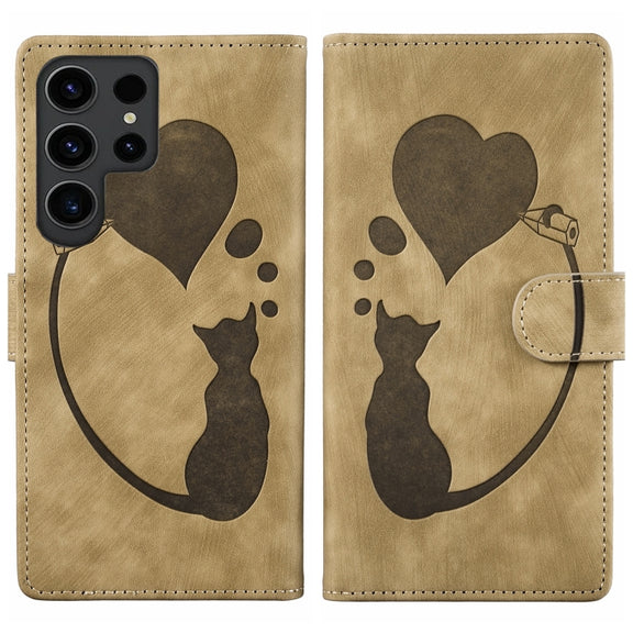 For Samsung Galaxy S25 Ultra 5G Pen Heart Cat Embossed Leather Phone Case(Apricot)