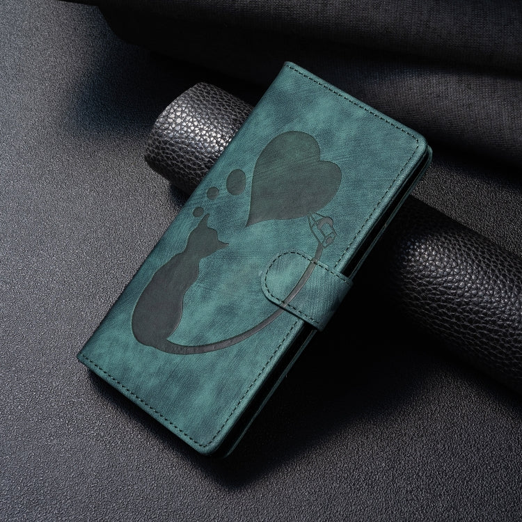 For Samsung Galaxy S25 Ultra 5G Pen Heart Cat Embossed Leather Phone Case(Green)