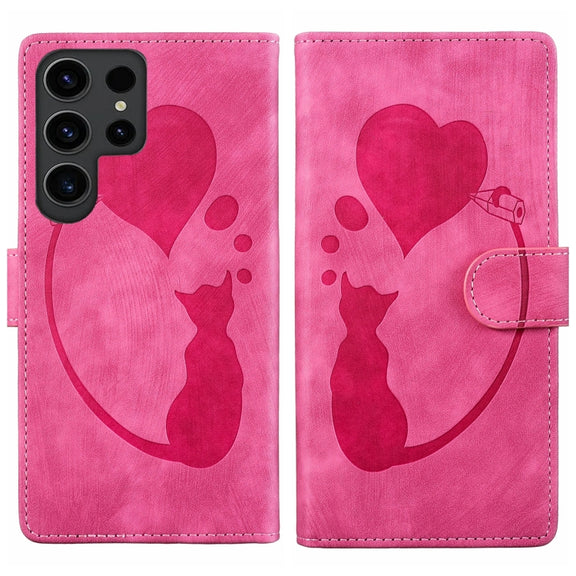 For Samsung Galaxy S25 Ultra 5G Pen Heart Cat Embossed Leather Phone Case(Pink)