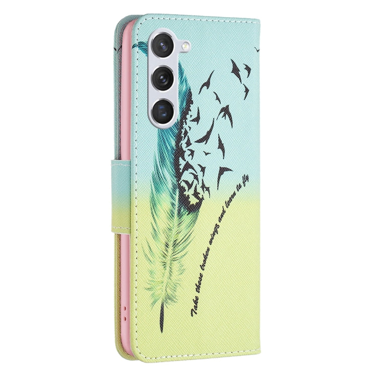 For Samsung Galaxy S25 5G Colored Drawing Pattern Leather Phone Case(Feather)