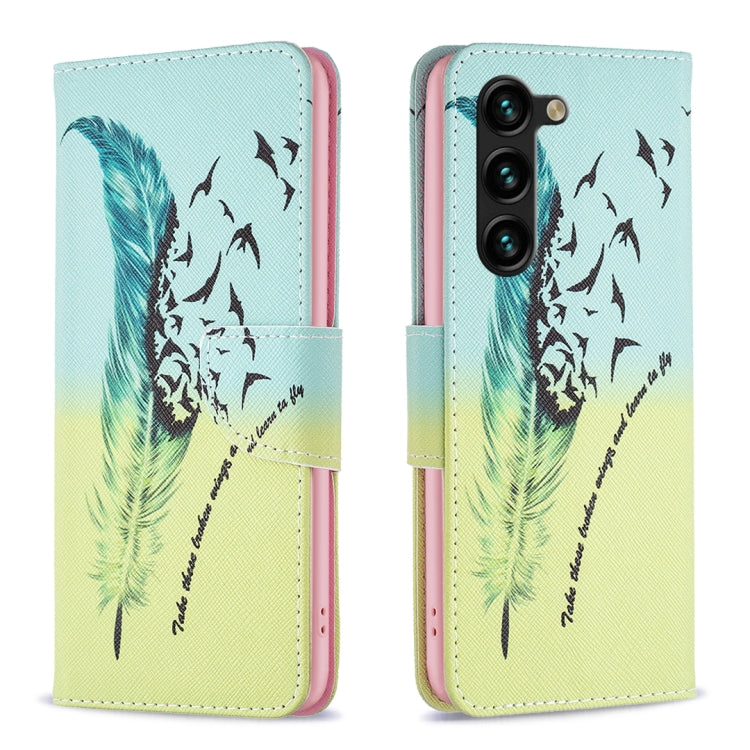For Samsung Galaxy S25+ 5G Colored Drawing Pattern Leather Phone Case(Feather)
