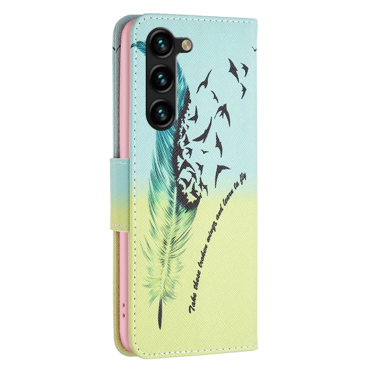 For Samsung Galaxy S25+ 5G Colored Drawing Pattern Leather Phone Case(Feather)