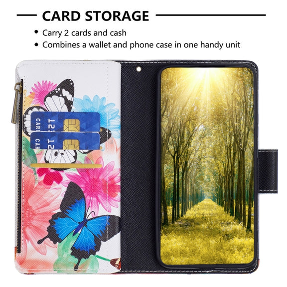 For Samsung Galaxy S25 5G Colored Drawing Pattern Zipper Leather Phone Case(Two Butterflies)