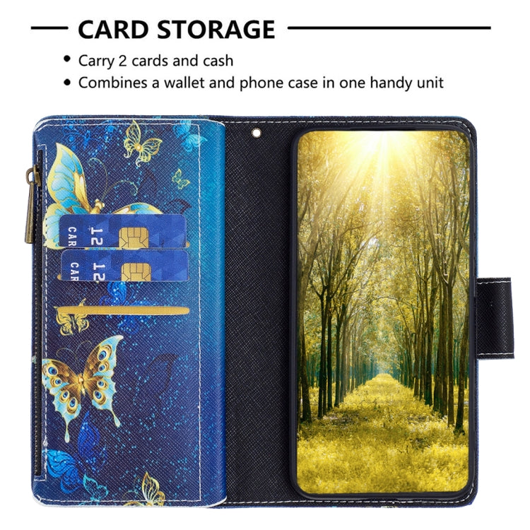 For Samsung Galaxy S25+ 5G Colored Drawing Pattern Zipper Leather Phone Case(Gold Butterfly)