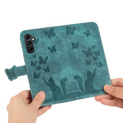 For Samsung Galaxy S25+ 5G Butterfly Cat Embossing Flip Leather Phone Case(Wathet)