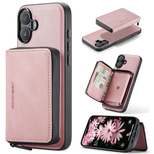 For iPhone 16 Plus JEEHOOD J02 Magnetic Zipper Horizontal Flip Leather Phone Case(Pink)