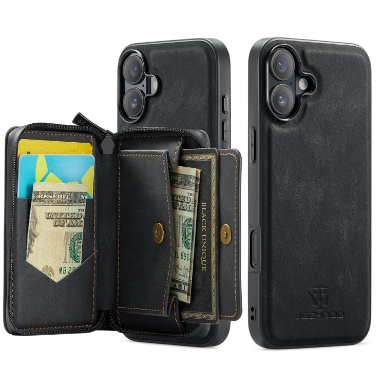 For iPhone 16 Plus JEEHOOD J02 Magnetic Zipper Horizontal Flip Leather Phone Case(Black)