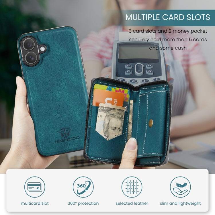For iPhone 16 Plus JEEHOOD J02 Magnetic Zipper Horizontal Flip Leather Phone Case(Blue)