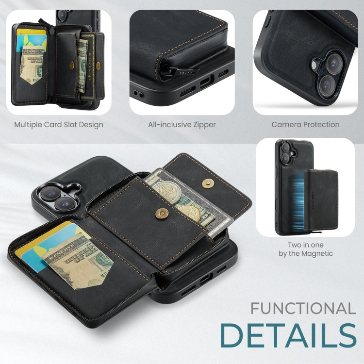 For iPhone 16 JEEHOOD J02 Magnetic Zipper Horizontal Flip Leather Phone Case(Black)