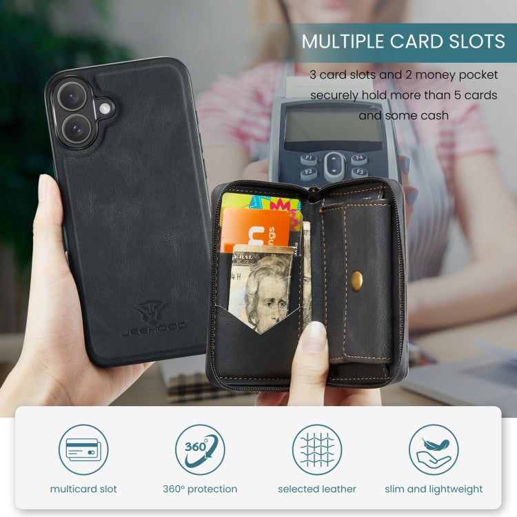 For iPhone 16 JEEHOOD J02 Magnetic Zipper Horizontal Flip Leather Phone Case(Black)