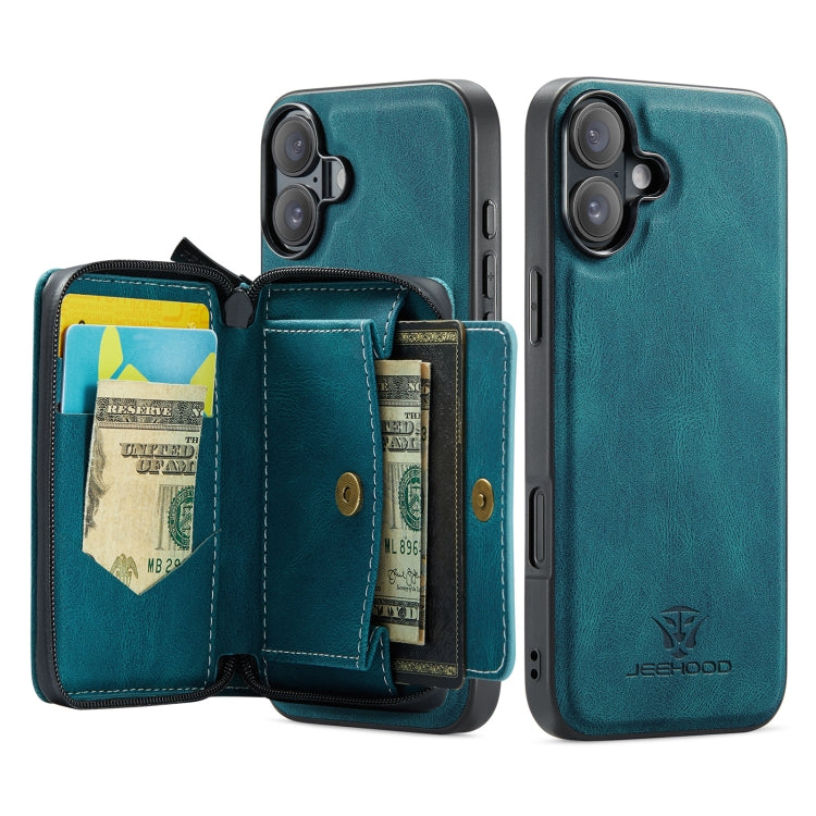 For iPhone 16 JEEHOOD J02 Magnetic Zipper Horizontal Flip Leather Phone Case(Blue)