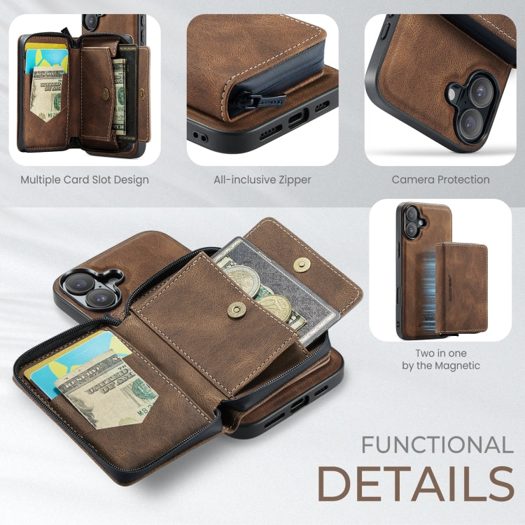 For iPhone 16 JEEHOOD J02 Magnetic Zipper Horizontal Flip Leather Phone Case(Brown)