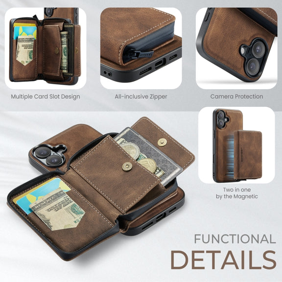 For iPhone 16 JEEHOOD J02 Magnetic Zipper Horizontal Flip Leather Phone Case(Brown)