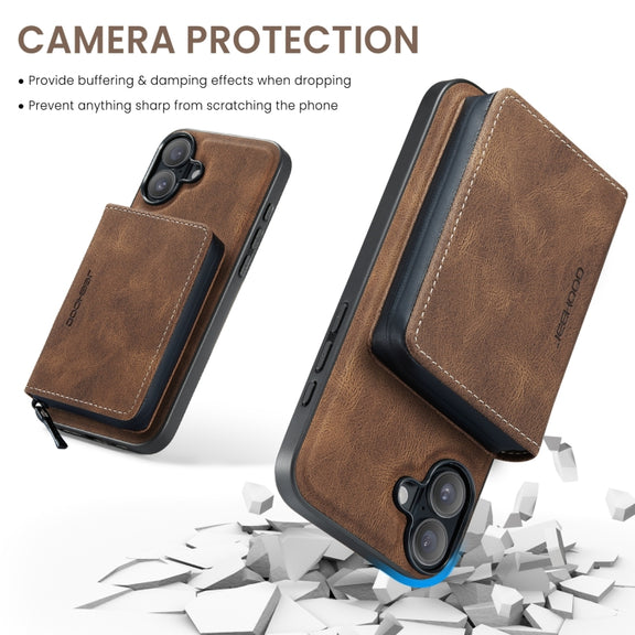 For iPhone 16 JEEHOOD J02 Magnetic Zipper Horizontal Flip Leather Phone Case(Brown)