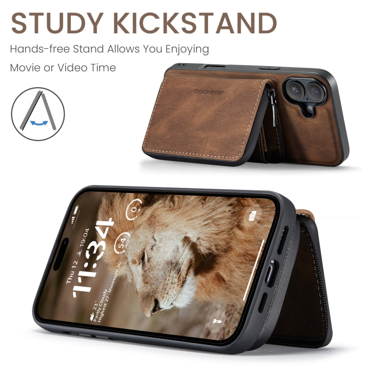 For iPhone 16 JEEHOOD J02 Magnetic Zipper Horizontal Flip Leather Phone Case(Brown)