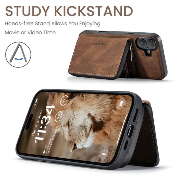 For iPhone 16 JEEHOOD J02 Magnetic Zipper Horizontal Flip Leather Phone Case(Brown)